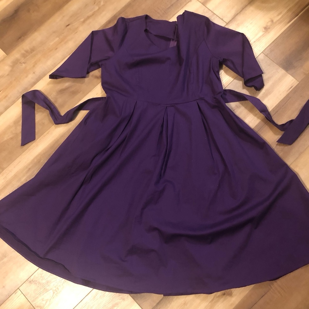 Lamiu Purple Three Quarter Sleeve Tie Waist Dress Size XXL